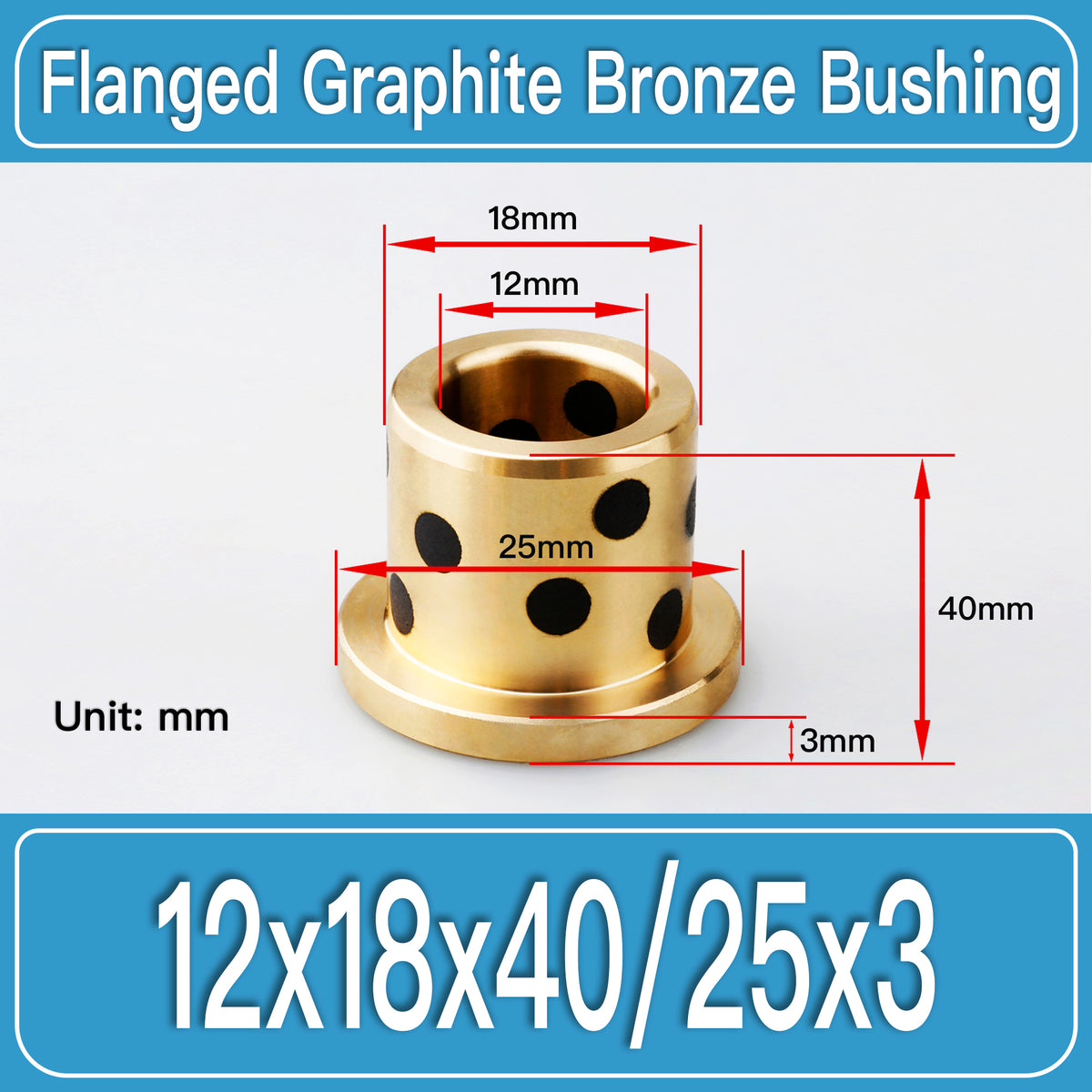 GFB-12X18X40-F25X3MM Graphite Bronze Flanged Bushings dimension drawing