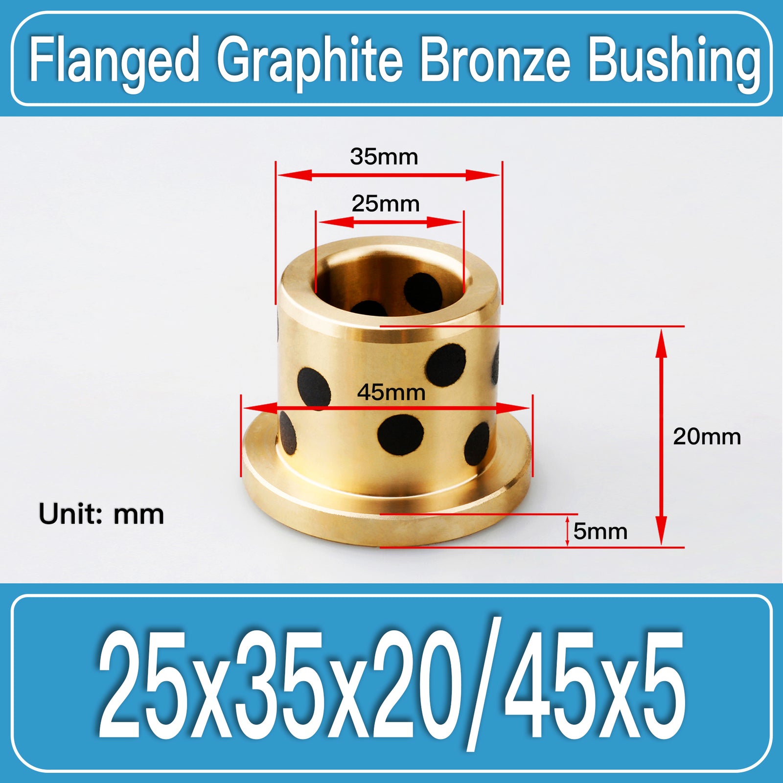 GFB-25X35X20-F45X5MM Graphite Bronze Flanged Bushings dimension drawing