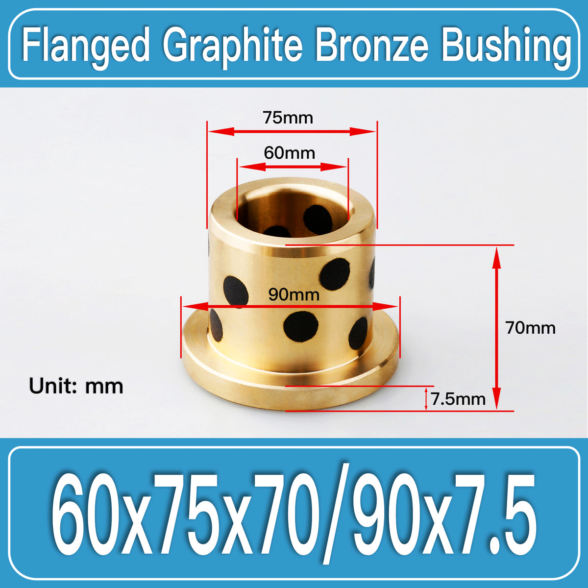 GFB-60X75X70-F90X7P5MM Graphite Bronze Flanged Bushings dimension drawing