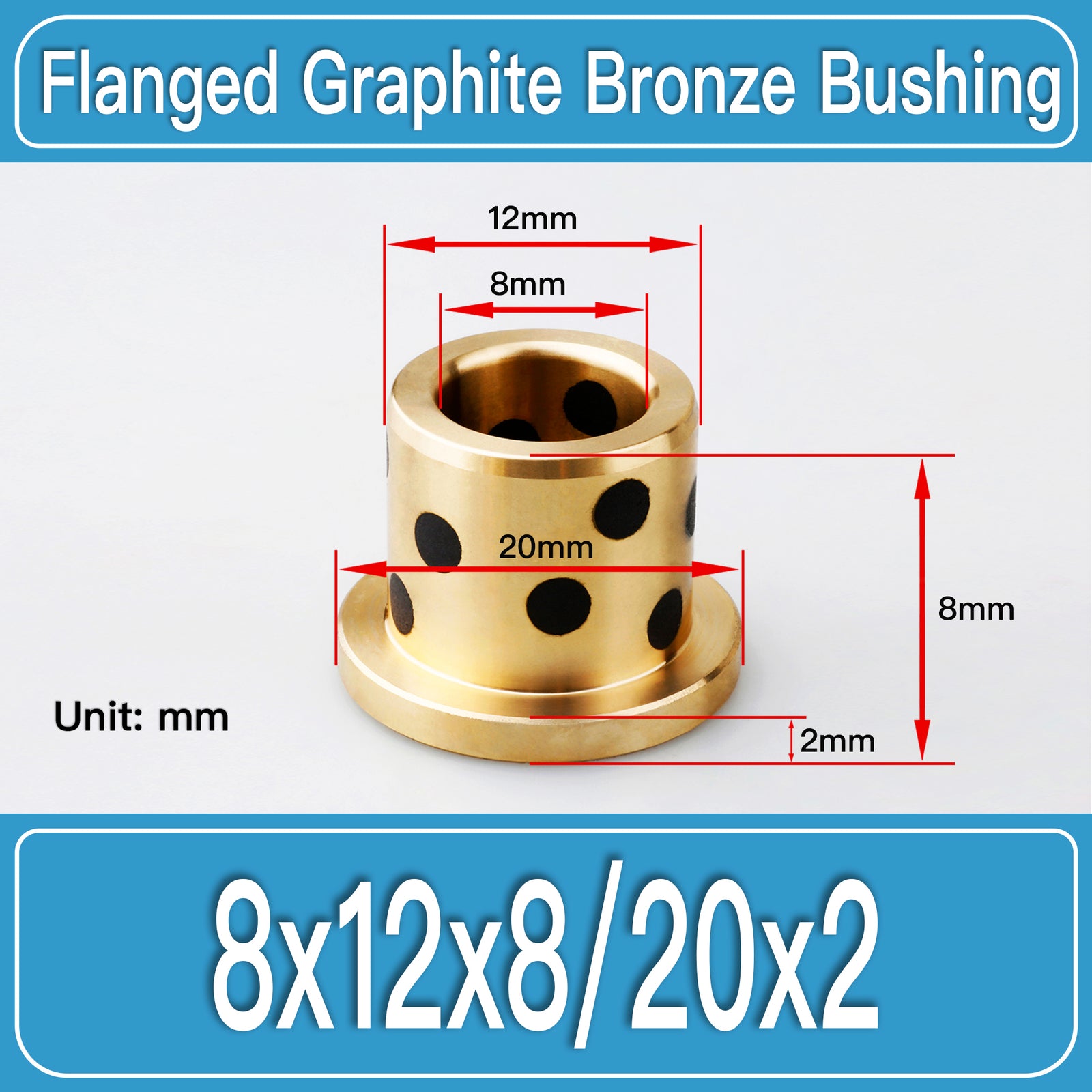 GFB-8X12X8-F20X2MM Graphite Bronze Flanged Bushings dimension drawing