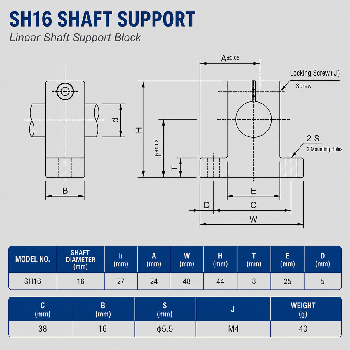 SH16 Linear Shaft Supports dimension drawing