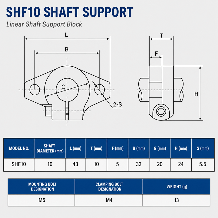 SHF10 Linear Shaft Supports dimension drawing