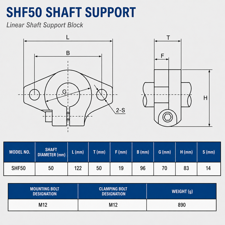 SHF50 Linear Shaft Supports dimension drawing